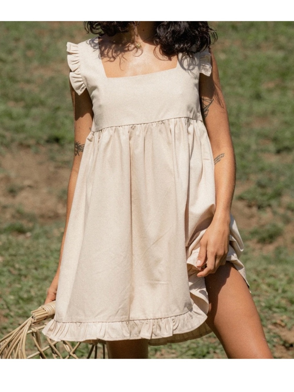 Girl and the Sun Izzy Dress XL Oatmeal Linen Babydoll Ruffle Mini Boho Cottage